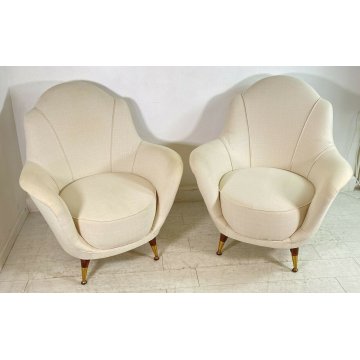 COPPIA POLTRONA DESIGN 1950s GAMBA OTTONE ARMCHAIR VINTAGE ANNI 50 STOFFA BIANCA
