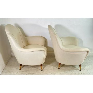 COPPIA POLTRONA DESIGN 1950s GAMBA OTTONE ARMCHAIR VINTAGE ANNI 50 STOFFA BIANCA