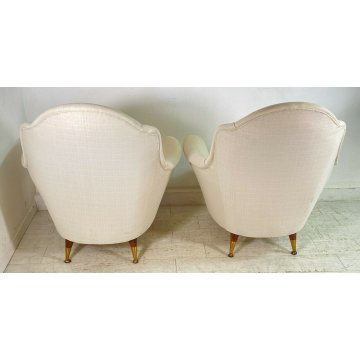 COPPIA POLTRONA DESIGN 1950s GAMBA OTTONE ARMCHAIR VINTAGE ANNI 50 STOFFA BIANCA