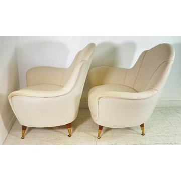 COPPIA POLTRONA DESIGN 1950s GAMBA OTTONE ARMCHAIR VINTAGE ANNI 50 STOFFA BIANCA