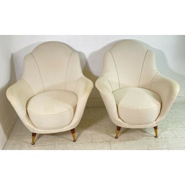 COPPIA POLTRONA DESIGN 1950s GAMBA OTTONE ARMCHAIR VINTAGE ANNI 50 STOFFA BIANCA