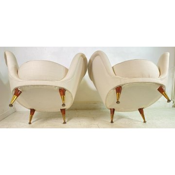 COPPIA POLTRONA DESIGN 1950s GAMBA OTTONE ARMCHAIR VINTAGE ANNI 50 STOFFA BIANCA