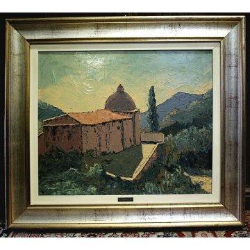 QUADRO DIPINTO Gobbato '76 OLIO TELA CUPOLA CHIESA MONSERRAT ISOLA D'ELBA VEDUTA