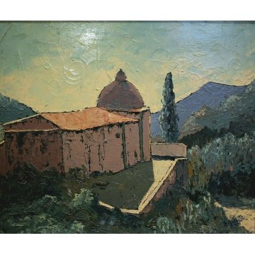 QUADRO DIPINTO Gobbato '76 OLIO TELA CUPOLA CHIESA MONSERRAT ISOLA D'ELBA VEDUTA