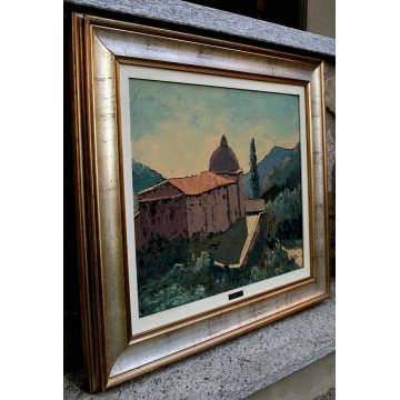 QUADRO DIPINTO Gobbato '76 OLIO TELA CUPOLA CHIESA MONSERRAT ISOLA D'ELBA VEDUTA