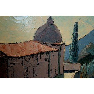 QUADRO DIPINTO Gobbato '76 OLIO TELA CUPOLA CHIESA MONSERRAT ISOLA D'ELBA VEDUTA