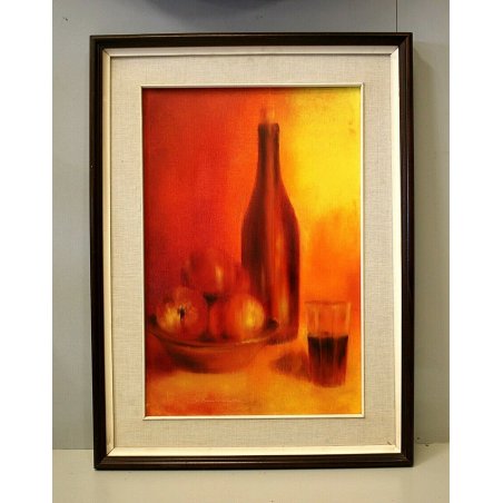 DIPINTO OLIO TELA Schiumerini NATURA MORTA TONI ROSSO BOTTIGLIA BICCHIERE MELE 