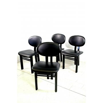 LOTTO 4 SEDIA DESIGN NELLO STILE Pierre Cardin ANNI '70 LEGNO PELLE TOTAL BLACK 