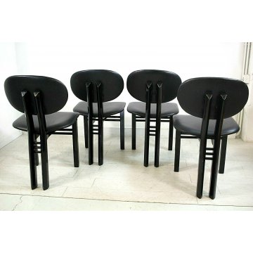 LOTTO 4 SEDIA DESIGN NELLO STILE Pierre Cardin ANNI '70 LEGNO PELLE TOTAL BLACK 