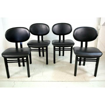 LOTTO 4 SEDIA DESIGN NELLO STILE Pierre Cardin ANNI '70 LEGNO PELLE TOTAL BLACK 
