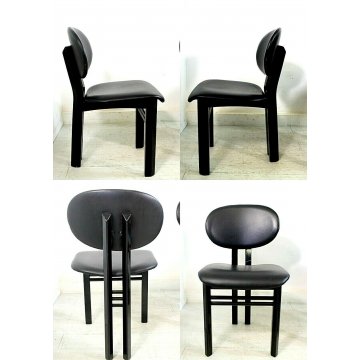 LOTTO 4 SEDIA DESIGN NELLO STILE Pierre Cardin ANNI '70 LEGNO PELLE TOTAL BLACK 