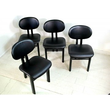 LOTTO 4 SEDIA DESIGN NELLO STILE Pierre Cardin ANNI '70 LEGNO PELLE TOTAL BLACK 