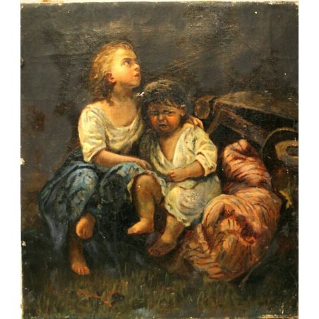 ANTICO DIPINTO OLIO RITRATTO BAMBINI POVERI ORFANELLI di GUERRA FRATELLO SORELLA