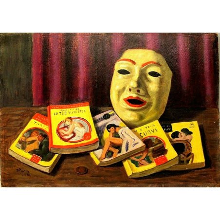 DIPINTO NATURA MORTA D. Piazza ROMANZO GIALLO MASCHERA TENDA SIPARIO MONETA 1960
