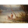 ANTICO QUADRO OLIO Athos Brioschi PAESAGGIO LACUSTRE LAVANDAIE BARCA PESCATORI
