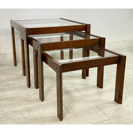 SET 3 TAVOLINI IMPILABILI VINTAGE LEGNO VETRO TABLE DESIGN MID CENTURY ANNI 70 