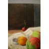 DIPINTO Dario Piazza NATURA MORTA FRUTTA ALBICOCCHE PESCHE CILIEGIE MONETA '900