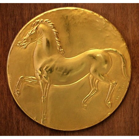 BASSORILIEVO SCULTURA BRONZO DORATO Francesco Messina "Cavallo al trotto" ø16cm 