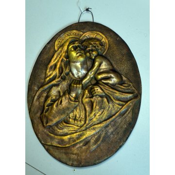 ANTICO BASSORILIEVO BRONZO MADONNA BAMBINO OVALE QUADRO SCULTURA NATIVITA ICONA
