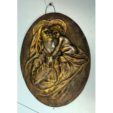 ANTICO BASSORILIEVO BRONZO MADONNA BAMBINO OVALE QUADRO SCULTURA NATIVITA ICONA