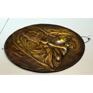 ANTICO BASSORILIEVO BRONZO MADONNA BAMBINO OVALE QUADRO SCULTURA NATIVITA ICONA