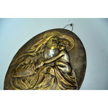 ANTICO BASSORILIEVO BRONZO MADONNA BAMBINO OVALE QUADRO SCULTURA NATIVITA ICONA