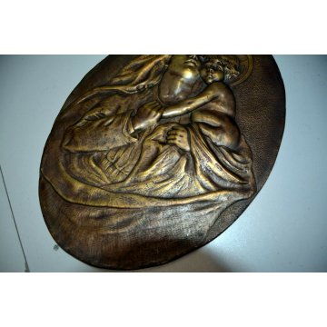 ANTICO BASSORILIEVO BRONZO MADONNA BAMBINO OVALE QUADRO SCULTURA NATIVITA ICONA