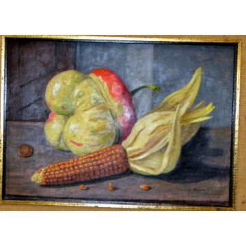 DIPINTO NATURA MORTA DARIO PIAZZA MONETA PANNOCCHIA ZUCCA QUADRO OLIO CARTONE 