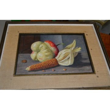 DIPINTO NATURA MORTA DARIO PIAZZA MONETA PANNOCCHIA ZUCCA QUADRO OLIO CARTONE 