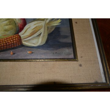 DIPINTO NATURA MORTA DARIO PIAZZA MONETA PANNOCCHIA ZUCCA QUADRO OLIO CARTONE 