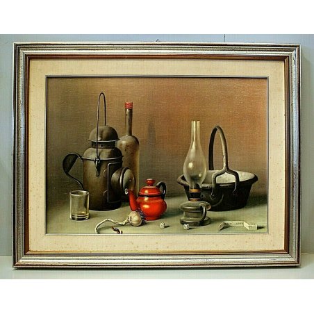 GRANDE QUADRO STAMPA D'ARTE SERIGRAFIA su TELA NATURA MORTA Proferio Grossi 1971