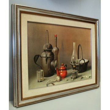 GRANDE QUADRO STAMPA D'ARTE SERIGRAFIA su TELA NATURA MORTA Proferio Grossi 1971