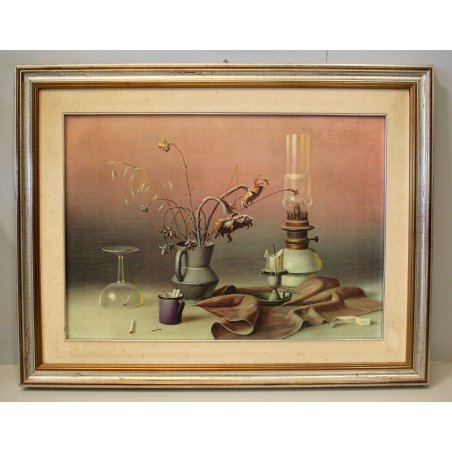 GRANDE QUADRO STAMPA D'ARTE SERIGRAFIA su TELA NATURA MORTA FIORI P. Grossi 1971