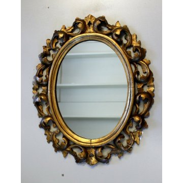 ANTICO SPECCHIO SPECCHIERA OVALE DECORO FOGLIE INTAGLIATA GESSATA DORATA '800