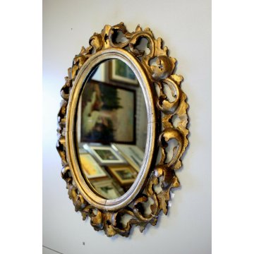 ANTICO SPECCHIO SPECCHIERA OVALE DECORO FOGLIE INTAGLIATA GESSATA DORATA '800