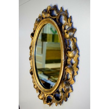 ANTICO SPECCHIO SPECCHIERA OVALE DECORO FOGLIE INTAGLIATA GESSATA DORATA '800