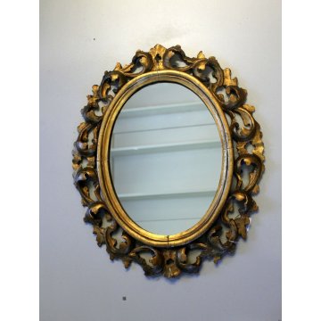 ANTICO SPECCHIO SPECCHIERA OVALE DECORO FOGLIE INTAGLIATA GESSATA DORATA '800