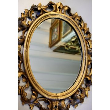 ANTICO SPECCHIO SPECCHIERA OVALE DECORO FOGLIE INTAGLIATA GESSATA DORATA '800