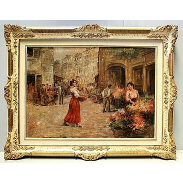 GRANDE QUADRO DIPINTO OLIO PAESAGGIO NAPOLI MERCATO SCENA DI GENERE FIORAIE  