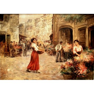GRANDE QUADRO DIPINTO OLIO PAESAGGIO NAPOLI MERCATO SCENA DI GENERE FIORAIE  