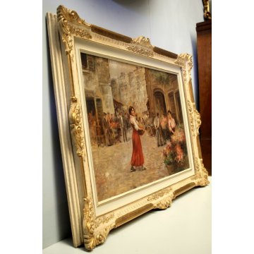 GRANDE QUADRO DIPINTO OLIO PAESAGGIO NAPOLI MERCATO SCENA DI GENERE FIORAIE  