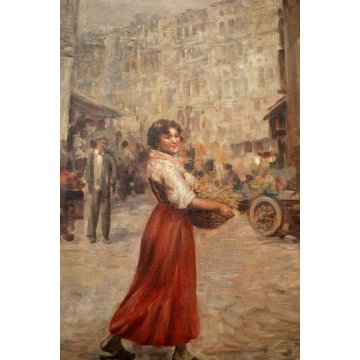 GRANDE QUADRO DIPINTO OLIO PAESAGGIO NAPOLI MERCATO SCENA DI GENERE FIORAIE  