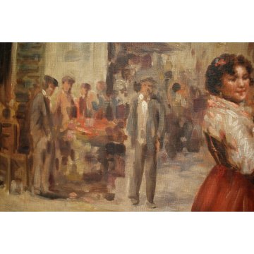 GRANDE QUADRO DIPINTO OLIO PAESAGGIO NAPOLI MERCATO SCENA DI GENERE FIORAIE  