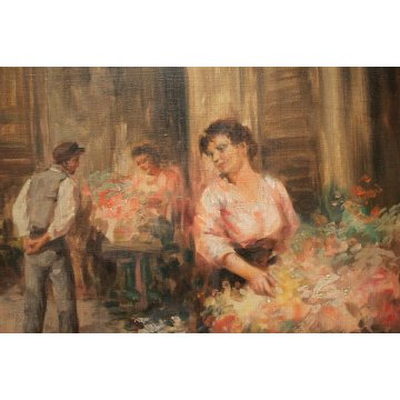 GRANDE QUADRO DIPINTO OLIO PAESAGGIO NAPOLI MERCATO SCENA DI GENERE FIORAIE  