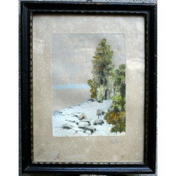 ANTICO QUADRO LITOGRAFIA DISEGNO A.Pollini 1930 ACQUERELLO PAESAGGIO BOSCO NEVE 