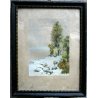 ANTICO QUADRO LITOGRAFIA DISEGNO A.Pollini 1930 ACQUERELLO PAESAGGIO BOSCO NEVE 