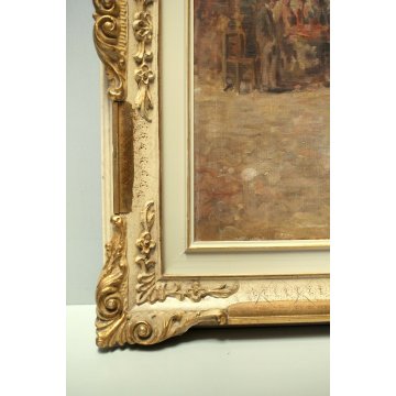 GRANDE QUADRO DIPINTO OLIO PAESAGGIO NAPOLI MERCATO SCENA DI GENERE FIORAIE  