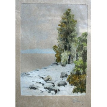 ANTICO QUADRO LITOGRAFIA DISEGNO A.Pollini 1930 ACQUERELLO PAESAGGIO BOSCO NEVE 