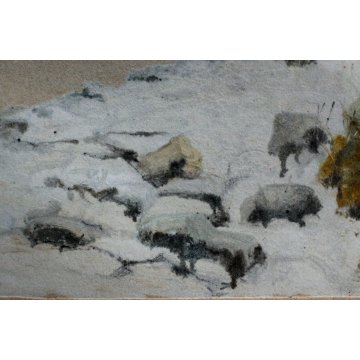 ANTICO QUADRO LITOGRAFIA DISEGNO A.Pollini 1930 ACQUERELLO PAESAGGIO BOSCO NEVE 