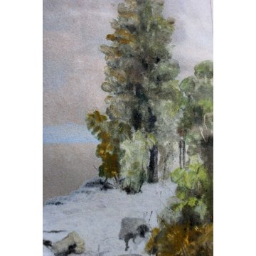 ANTICO QUADRO LITOGRAFIA DISEGNO A.Pollini 1930 ACQUERELLO PAESAGGIO BOSCO NEVE 